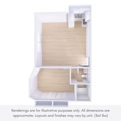 A white architectural floor plan of a small apartment.